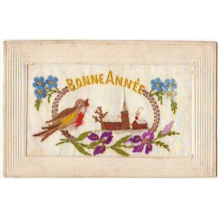 n°24951 - Carte Brodée - Bonne Année - Oiseau chantant  près d'une église