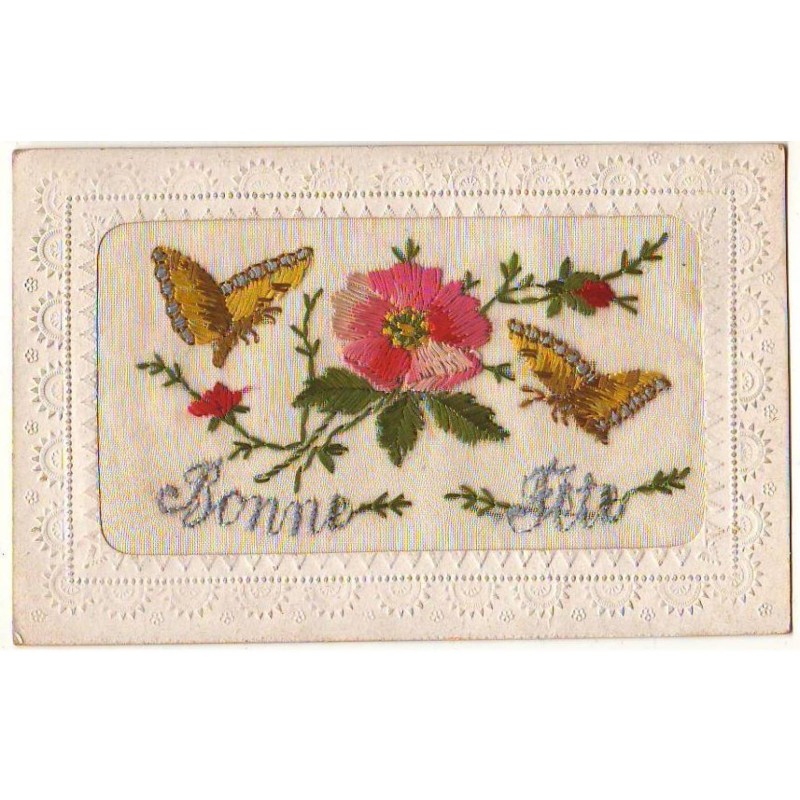 n°24952 - Carte Brodée - Bonne Fête - Papillons autour d'une rose
