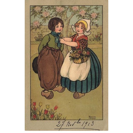 n°24955 - Illustrateur - Florence Hardy - Jeune fille mettant des fleurs à la boutonnière d'un jeune garçon