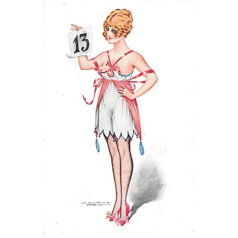 n°24957 - Maurice Pepin - Porte-Bonheur - Jeune femme en nuisette, portant une feuille d'un éphéméride