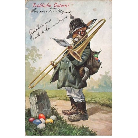 n°24959 - Illustrateur - Arthur Thiele - Fröhliche Ostern - Lièvre jouant du trombonne, portant un casque à pointe