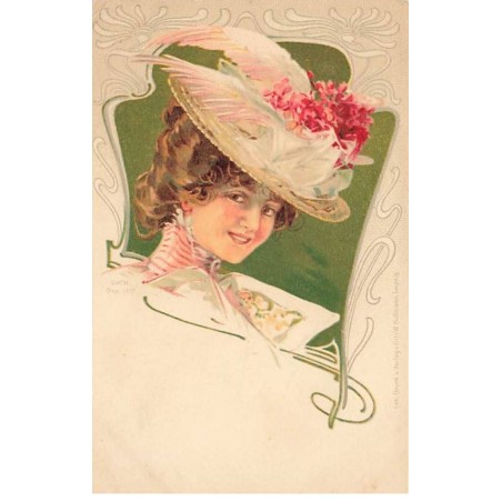 n°24967 - Fantaisie - Art Nouveau - Jeune femme portant un chapeau avec des fleurs et des plumes