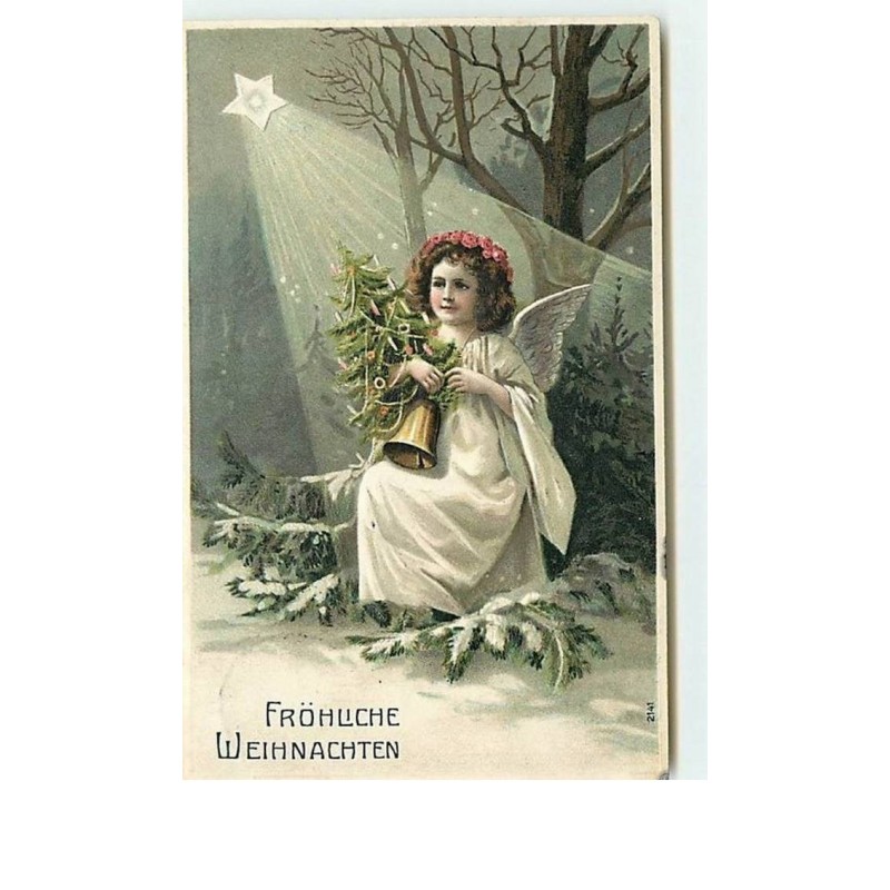 n°2497 - Carte Gaufrée - Fröhliche Weihnachten - Angelot sous la lumière d'une étoile - cloche