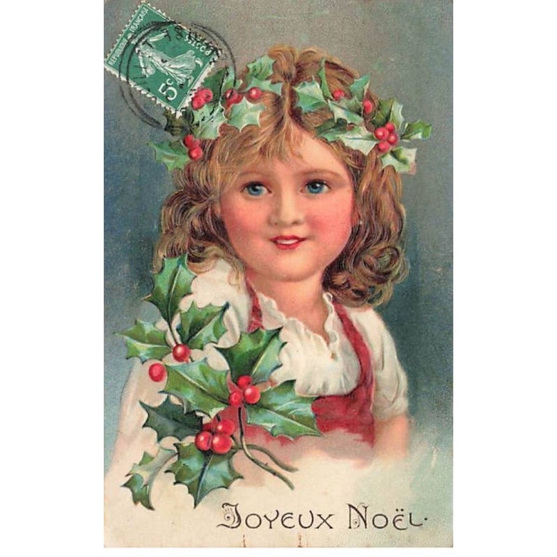 n°24972 - Carte Gaufrée - Joyeux Noël - Fillette avec une couronne de Houx dans les cheveux