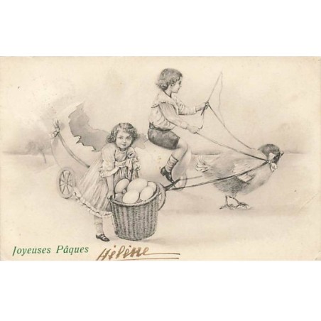 n°24978 - Joyeuses Pâques - Enfants transportant un panier rempli d'oeufs à l'aide d'un poussin
