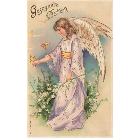 n°24981 - Carte Gaufrée - MSIB 13728 - Gesegnete Ostern - Ange gardien entourée de fleurs et de papillons