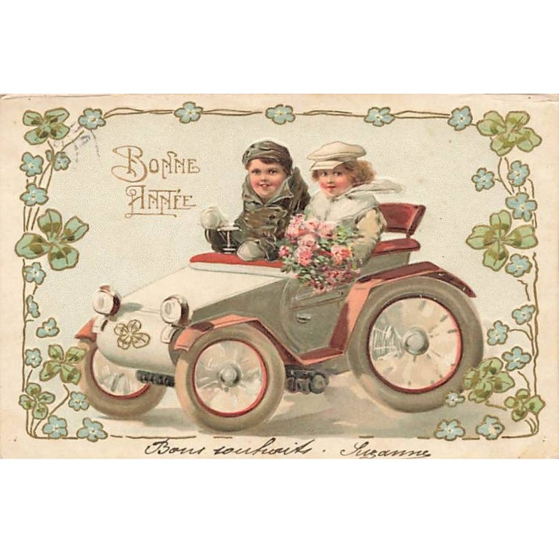 n°24982 - Carte Gaufrée - Bonne Année - Couple dans une voiture