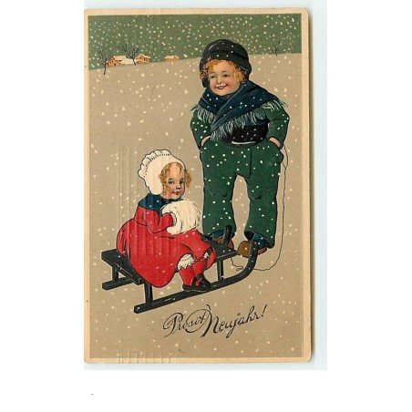 n°11887 - Carte Gaufrée - Prosit Neujahr - Flatscher - Fillette assise sur une luge, avec un garçon à côté