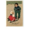 n°11887 - Carte Gaufrée - Prosit Neujahr - Flatscher - Fillette assise sur une luge, avec un garçon à côté