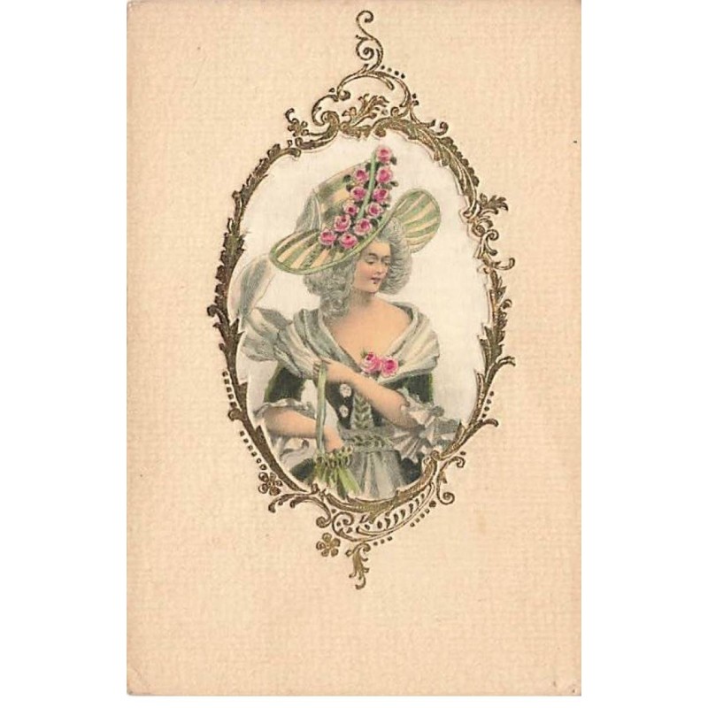 n°25001 - Carte tissée soie - Femme avec chapeau dans un Médaillon