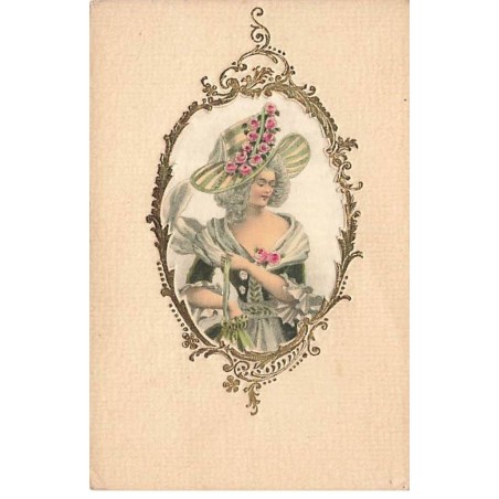 n°25001 - Carte tissée soie - Femme avec chapeau dans un Médaillon
