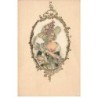 n°25001 - Carte tissée soie - Femme avec chapeau dans un Médaillon