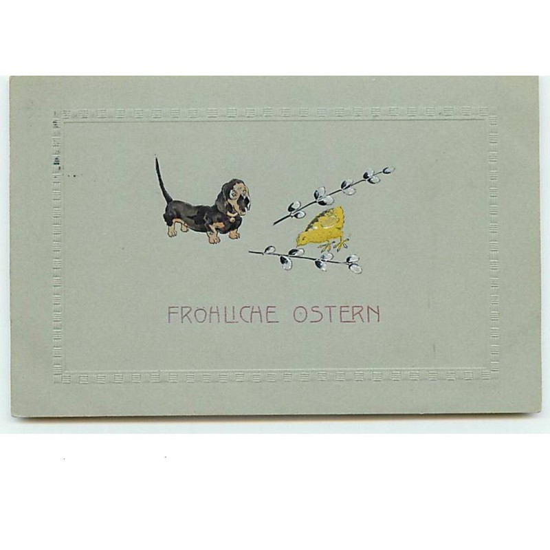 n°11888 - Carte Gaufrée - Frohliche Ostern - Teckel et un poussin