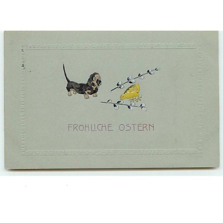 n°11888 - Carte Gaufrée - Frohliche Ostern - Teckel et un poussin