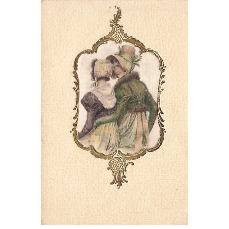 n°25002 - Carte tissée soie - Deux Femmes  dans un Médaillon