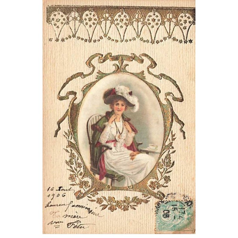n°25003 - Carte tissée soie - Femme assise dans un Médaillon