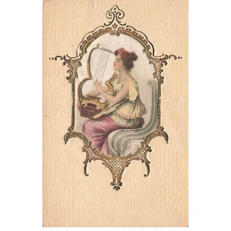 n°25004 - Carte tissée soie - Femme assise jouant de la lyre dans un Médaillon