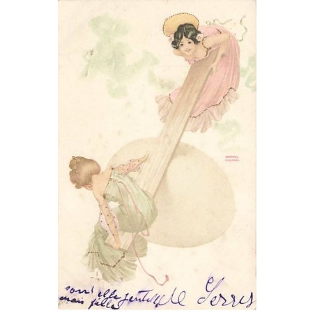 n°25005 - Carte Illustrateur - R. Kirchner - Art Nouveau - Femmes faisant de la balancelle sur un oeuf