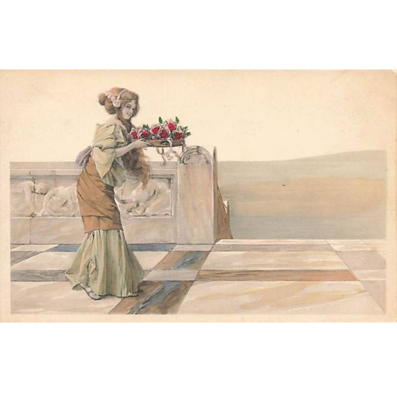 n°25011 - Carte Illustrateur - Art Nouveau - Femme avec un plateau de fleurs