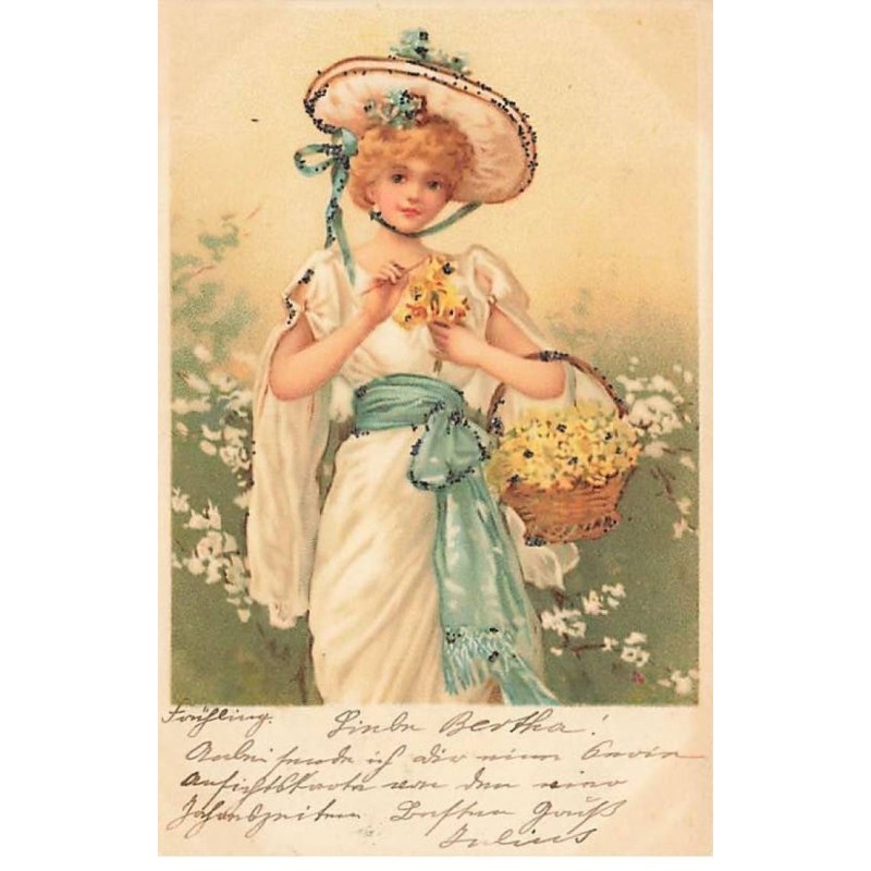 n°25013 - Carte Illustrateur avec Paillettes - Printemps - Femme avec un Panier de fleurs jaunes