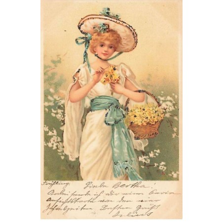 n°25013 - Carte Illustrateur avec Paillettes - Printemps - Femme avec un Panier de fleurs jaunes