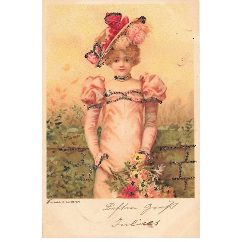n°25014 - Carte Illustrateur avec Paillettes - Eté - Femme avec un Bouquet de Fleurs colorées