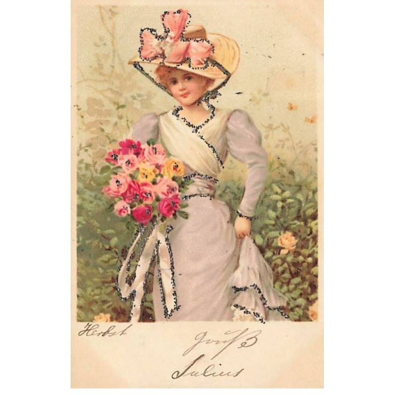 n°25015 - Carte Illustrateur avec Paillettes - Automne - Femme avec un Bouquet de Roses