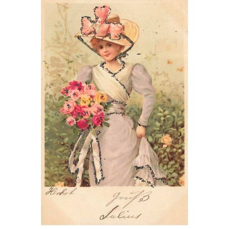 n°25015 - Carte Illustrateur avec Paillettes - Automne - Femme avec un Bouquet de Roses