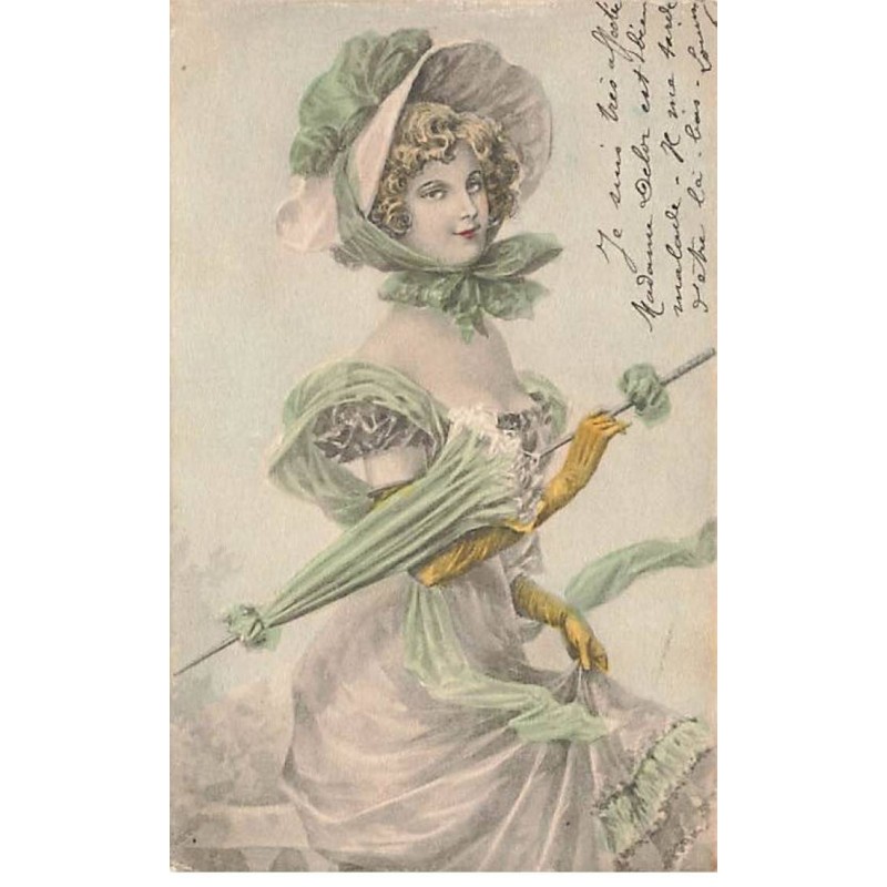 n°25017 - Carte Illustrateur - Style Bottaro - Femme avec ombrelle fermée