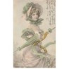 n°25017 - Carte Illustrateur - Style Bottaro - Femme avec ombrelle fermée