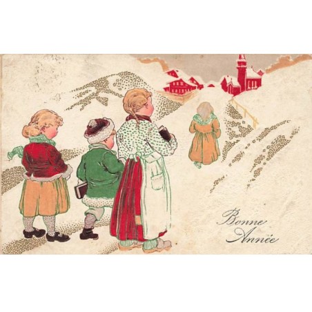 n°25020 - Carte Fantaisie Gaufrée - Bonne Année - Enfants dans un Paysage Hivernal