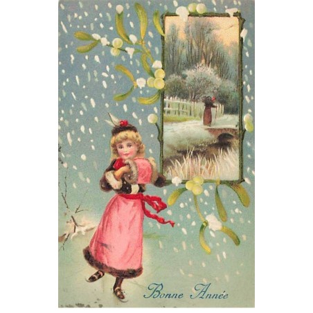 n°25021 - Carte Fantaisie Gaufrée - Bonne Année - Fillette avec manchon faisant du patin à glace