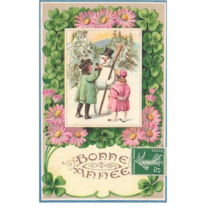 n°25022 - Carte Fantaisie Gaufrée - Bonne Année - Fillettes autour d'un Bonhomme de Neige