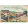 n°25023 - Carte Fantaisie Gaufrée - Bonne Année - Garçon déchargeant des pièces d'or 'un train