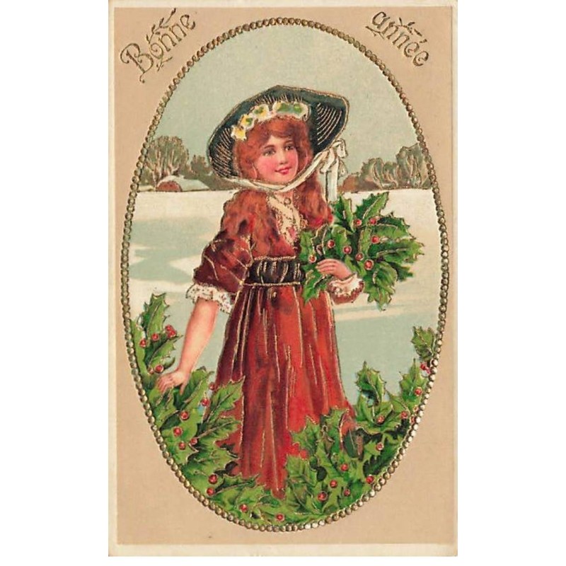 n°25024 - Carte Fantaisie Gaufrée - Bonne Année - Fillette avec du Houx dans un Médaillon