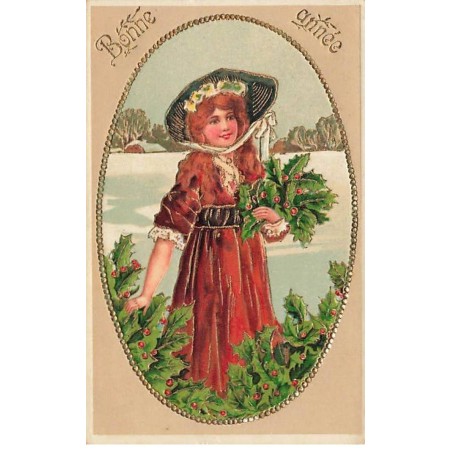 n°25024 - Carte Fantaisie Gaufrée - Bonne Année - Fillette avec du Houx dans un Médaillon