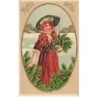 n°25024 - Carte Fantaisie Gaufrée - Bonne Année - Fillette avec du Houx dans un Médaillon