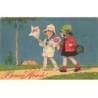 n°25025 - Carte Fantaisie - Bonne Année - Baumgarten - Fillettes se promenant avec es bouquets de Fleurs