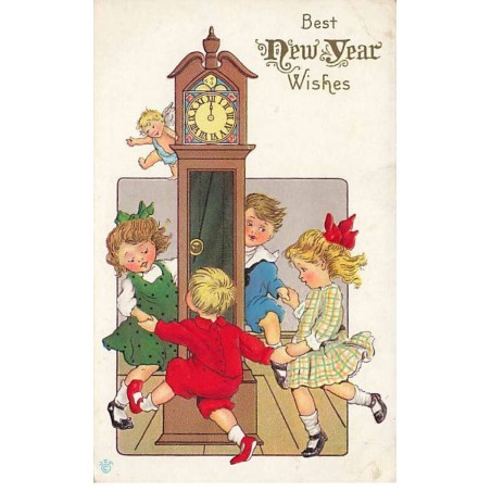 n°25027 - Carte Fantaisie Gaufrée - Best New Year Wishes - Enfants faisant une ronde autour d'une horloge