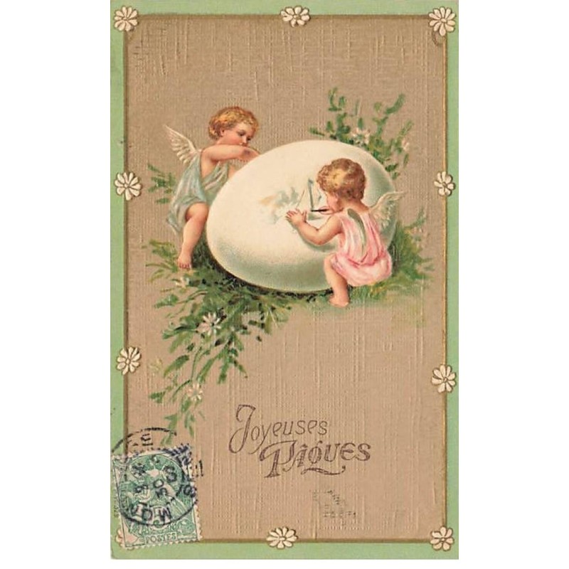 n°25029 - Carte Fantaisie Gaufrée - Joyeuses Pâques - Angelots peignant un oeuf
