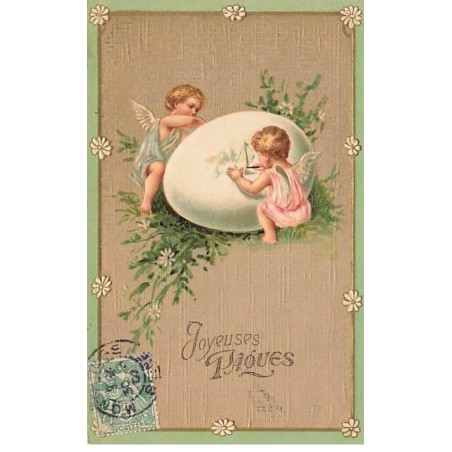 n°25029 - Carte Fantaisie Gaufrée - Joyeuses Pâques - Angelots peignant un oeuf