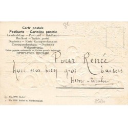 n°25030 - Carte Fantaisie Gaufrée - Joyeuses Pâques - Enfants avec des oeufs câlinant un lièvre