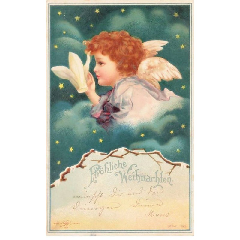 n°25031 - Carte Fantaisie - Clapsaddle - Fröhliche Weihnachten - Angelot avec une fleur blanche