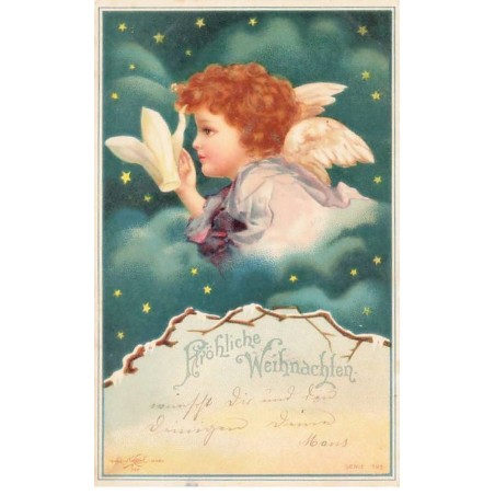 n°25031 - Carte Fantaisie - Clapsaddle - Fröhliche Weihnachten - Angelot avec une fleur blanche