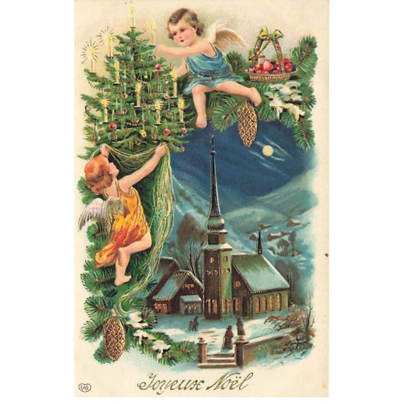 n°25034 - Carte Fantaisie Gaufrée - Joyeux Noël - Angelots décorant un village