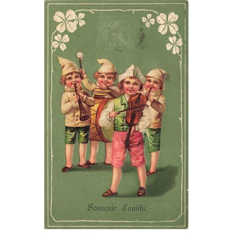n°25038 - Carte Fantaisie Gaufrée - Souvenir d'Amitié - Enfants jouant d'instruments de Musique