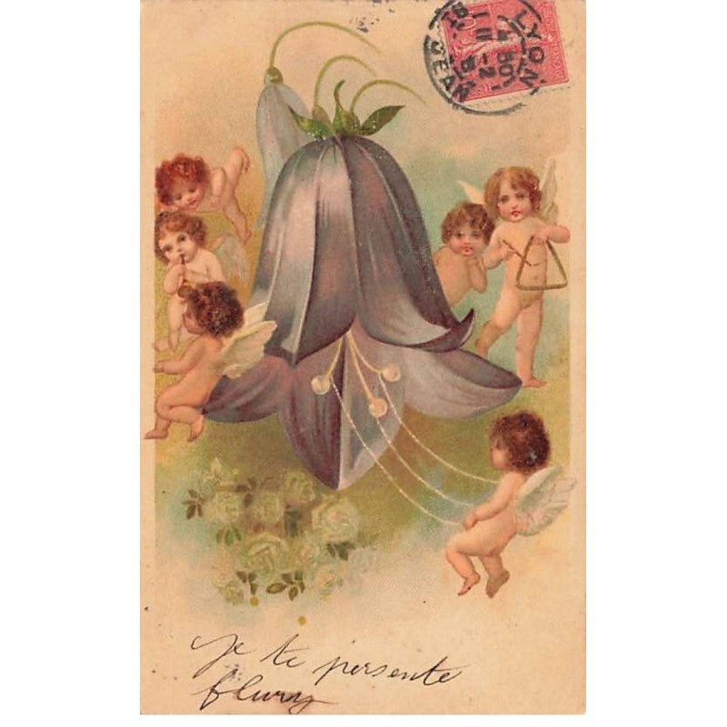 n°25047 - Carte Fantaisie - Angelots jouant d'instruments de musique autour d'une fleur