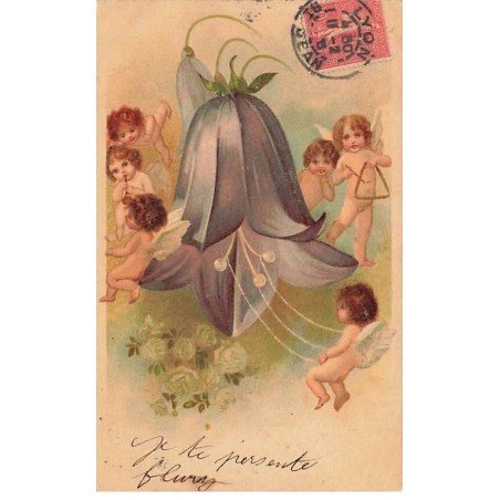 n°25047 - Carte Fantaisie - Angelots jouant d'instruments de musique autour d'une fleur