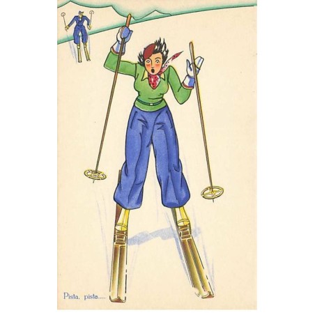 n°25056 - Illustrateur italien - Pista, pista ... - Femme sur des skis - Art Déco