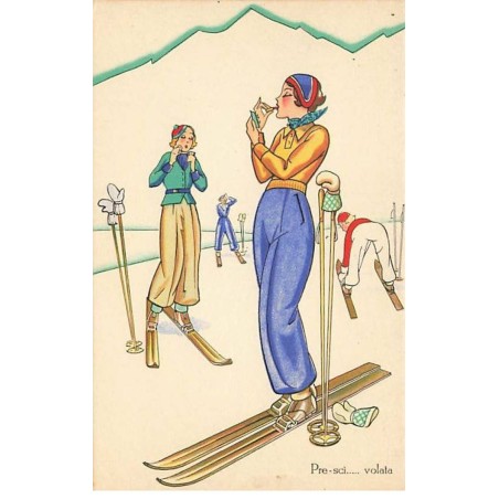 n°25057 - Illustrateur italien - Pre-sci... volata - Femmes sur des skis, l'une se mettant de rouge à lèvres - Art déco